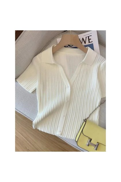 Polo Neck Buttoned Self-Textured Knitwear T-Shirt