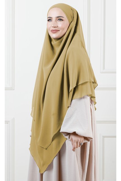 Sufle Khimar Tesettür Peçeli Üç Katlı Şifon Şal Hardal Sarısı