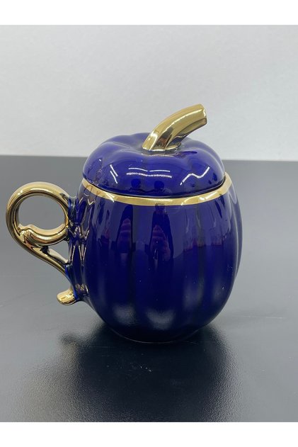 Porselen Renkli Gold Yaldızlı Kapaklı Balkabak Kupa Bardak 300ml