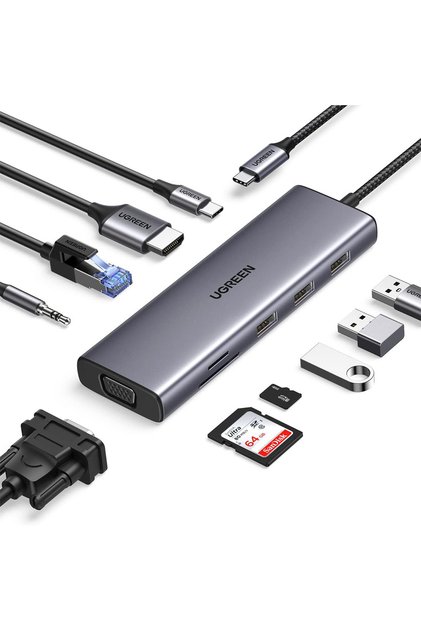 USB C Hub 4K 10-in-1 HDMI and FHD VGA Dual Video Output Type C Hub, PD 100W Gray