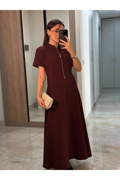 Bordo Front Zippered Waist Seat Model Maxi Dress