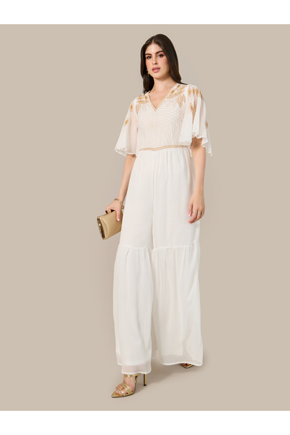 Embroidered V-Neck Angel Sleeve Wide Leg Jumpsuit