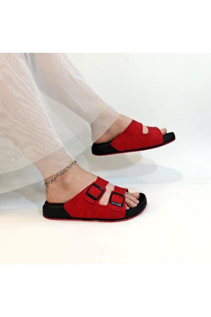 7410 Red Double Buckle Soft Sole Comfortable Slippers
