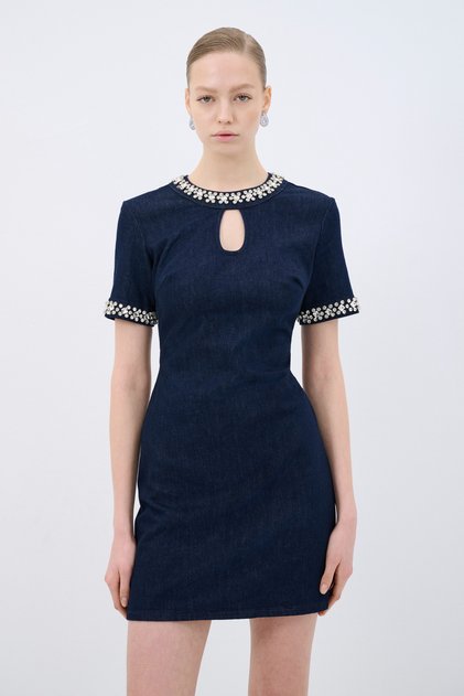 Stone Detailed Mini Denim Dress
