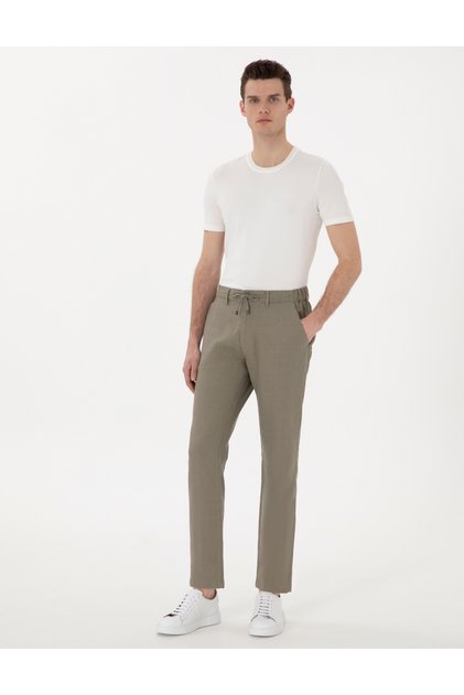 Khaki Carrot Fit 100% Linen Canvas Trousers 50301811-Vr027