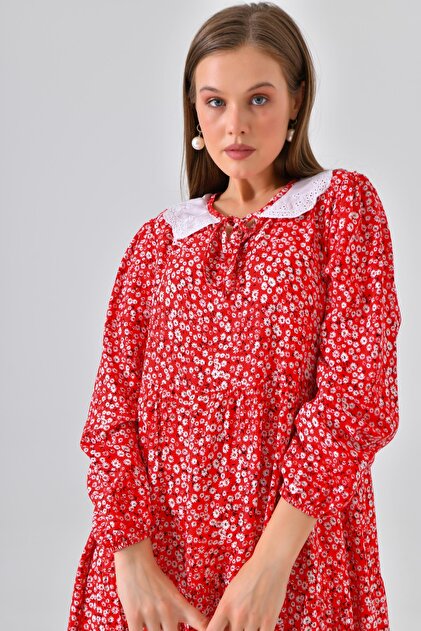 chinese dress ladies Autumn Rust Vintage Lace Collar Dress Brick Red / L