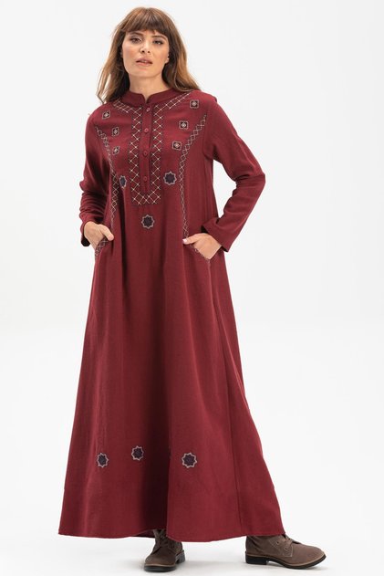 Long Sleeve Sude Embroidered Flannel Long Autumn and Winter Dress Burgundy Brd