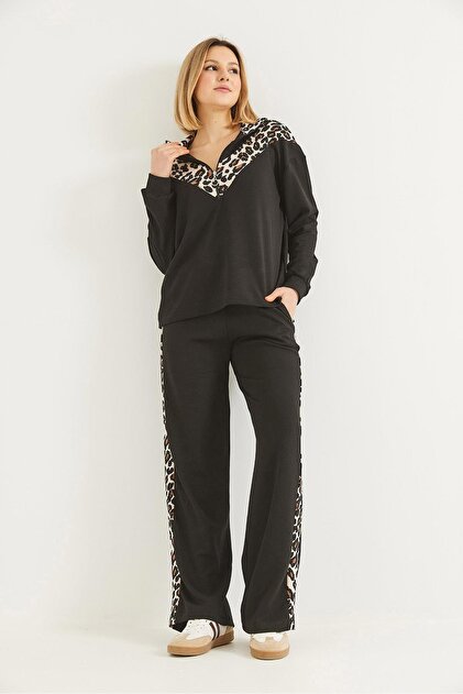 Leopard Garnished Hooded Double Suit Black