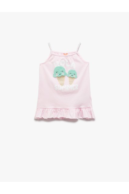 Cotton Ruffle Detailed Ice Cream Printed Slim Strap Dress