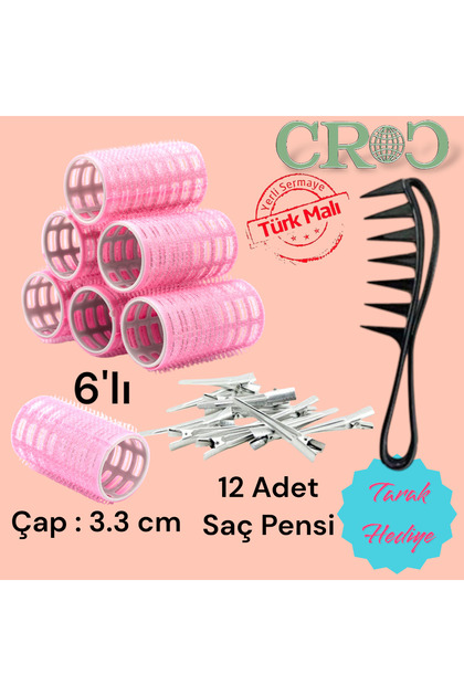 Croc 1202 Pembe Cırtlı Bigudi 6Lı Çap 3,5Cm +12Li Alüminyum Saç
