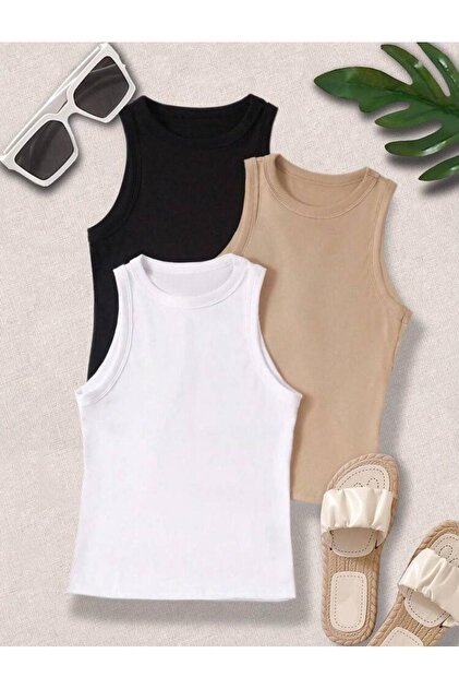 Women's Set of 3 3'Color Halter Neck Camisole Tank Top