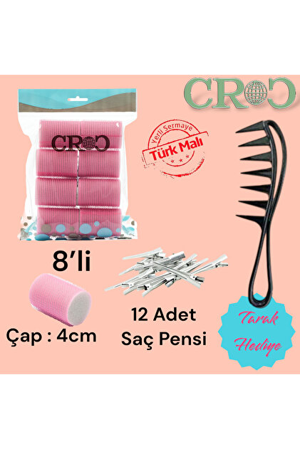 Croc Pembe Cırtlı Sünger Bigudi 8Li Çap 4Cm + (12Li Alüminyum Saç