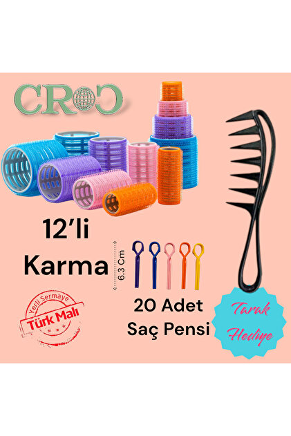 Croc 1226 Bigudi Seti 12 Adet Cırtlı Saç Bigudisi (+20Li Saç Pensi