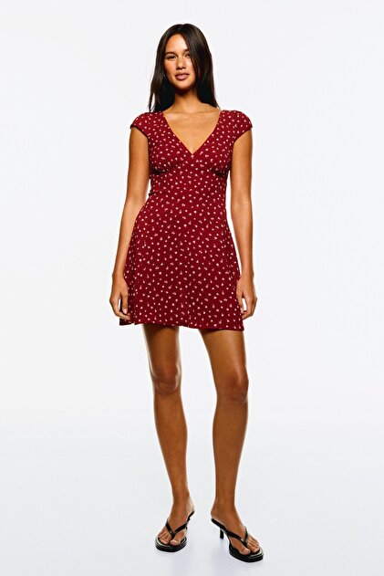 Bershka Printed waffle-knit mini dress- Trendyol
