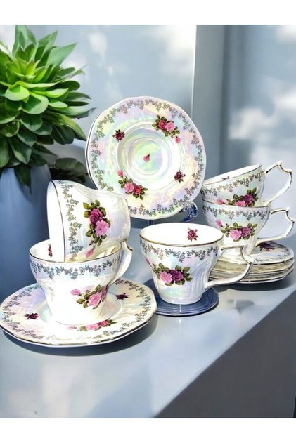 Esterhomedecor Set of 6 Porcelain Coffee Cups Mother of Pearl
