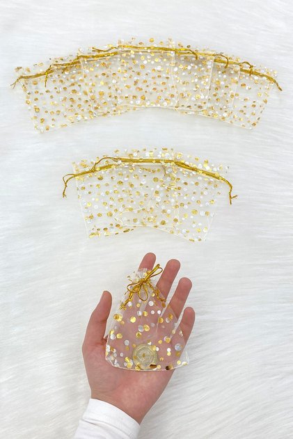 Gold Polka Dot Henna Cookie Engagement Gift Bag 100 Pieces Size 9X12Cm, Wedding Wedding Mevlüt Circumcision