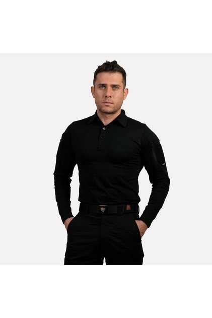 Siyah Uzun Kollu Taktik Polo Yaka Tişört, 2 Cepli Uzun Kollu T-Shirt