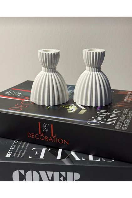 Dekoratif 2’li Şamdan Beton Mumluk Şamdan Beyaz