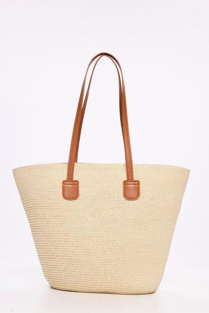 Leather Handle Zippered Beige Color Straw Beach Bag 3120
