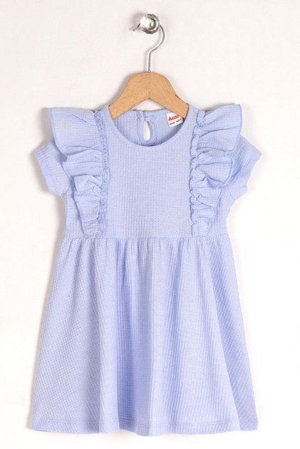 Crew Neck Short Sleeve Collar Frilly Waist Frosted Baby Blue Color Girl's Dress
