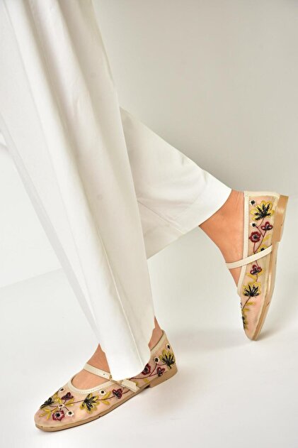 Fox Shoes U267853215 Bej File Çiçek Motifli Kadın Babet - Fiyatı