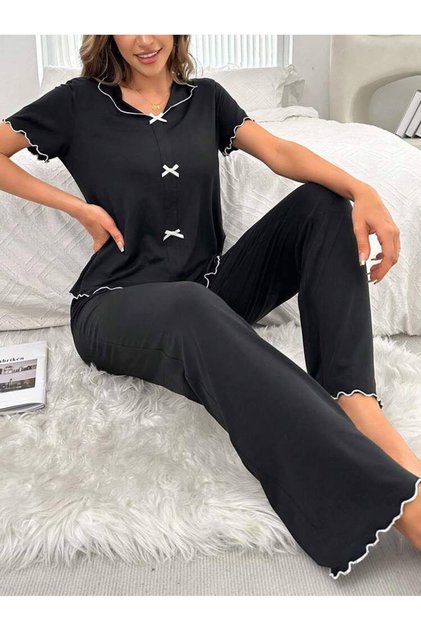 Women Short Sleeve Mini Bow Viscosa Pajama Set Black Color Badgirl
