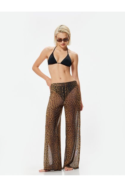 Leopard Patterned Tulle Trousers Pareo with Slits on the Sides