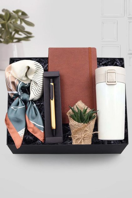 Kahverengi Defter & Gold-Siyah Renk Kalem & Kilitli Beyaz Çelik Termos & Fular & Sukulent Hediye Set