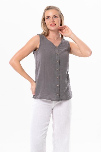 Sleeveless Melis Summer Muslin Blouse Grey Gray