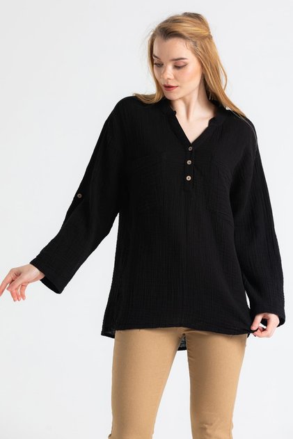 Long Sleeve Asu Summer Muslin Blouse Black Black