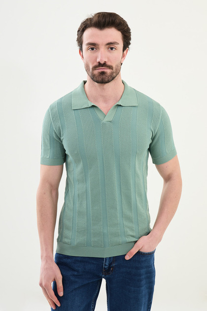 Striped Slim Fit Apaç Collar Men's Knitwear T-Shirt Çağla - 11534.25Y