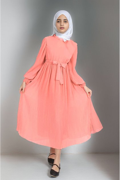 Young Girl Long Pleated Hijab Dress