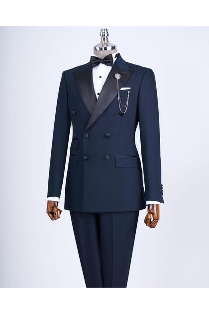 İtalyan kesim slim fit kruvaze ceket pantolon damatlık lacivert T9215