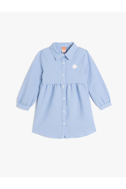 Shirt Neck Long Sleeve Striped Dress with Embroidery Detail