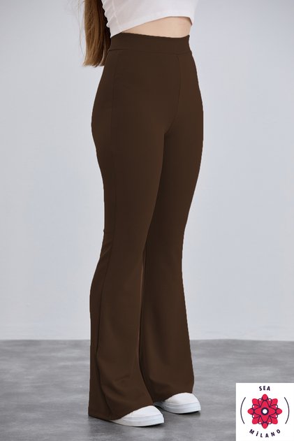 Women's Brown Crepe Flared High Waist Lycra Trousers Leggings