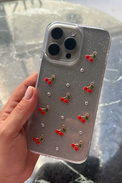 Apple iPhone 16 Pro Max Compatible Epoxy Cherry Pattern Transparent Case Glitter Shockproof Cover