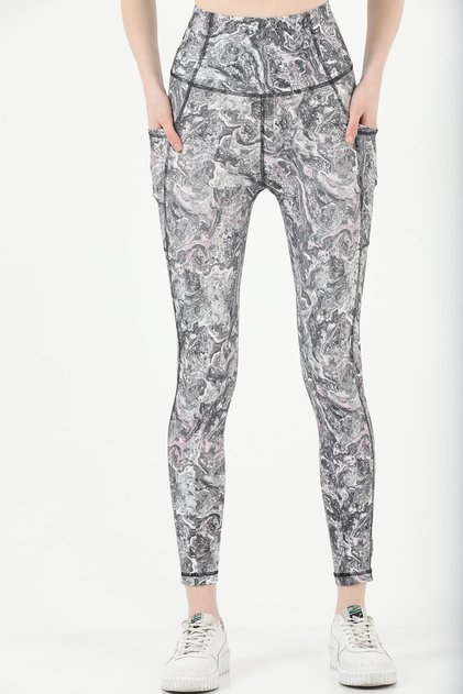 Women's Sports Leggings High Waist Double Pocket Gray Watercolor Digital 1058