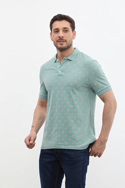 Men's Polo Neck Tree Patterned 100% Cotton T-Shirt