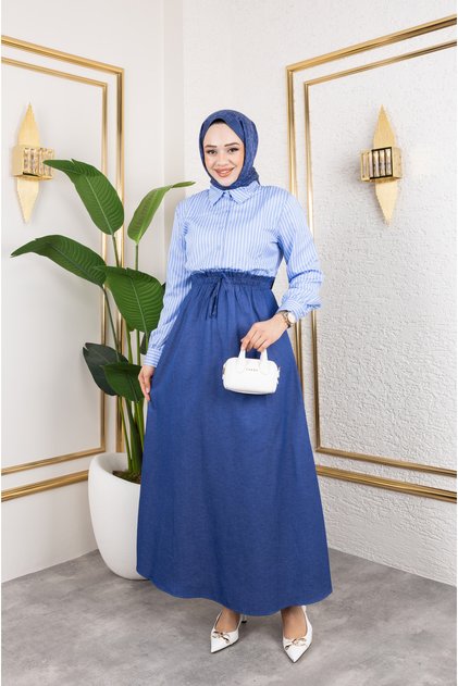 Women's Baby Blue Satin Long White Striped Hijab Dress with Elastic Waist