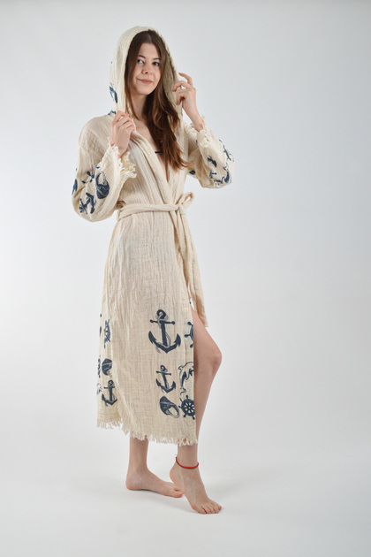 Peshtemal Bathrobe Muslin Cotton Beach Anchor Pattern 1 Piece Unisex Beachwear Kimono Kaftan