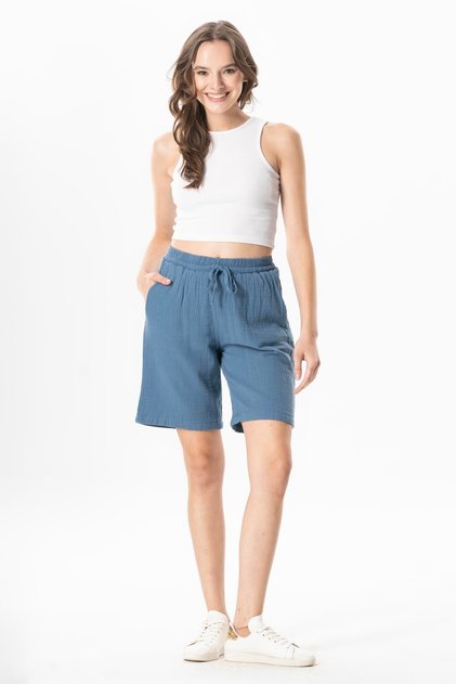 Elastic Waist Wind Women'S/Men's Unisex Muslin Summer Shorts Indigo Indg