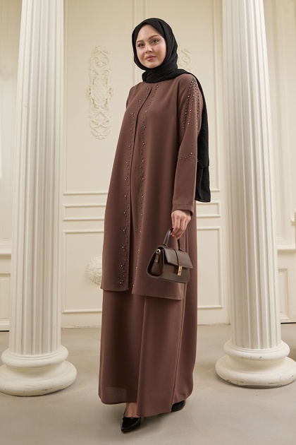Pearl Piece Detail Tan Abaya