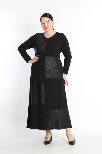 Women's Black Leather and Stone Detailed Crystal Combed Cotton Mother Dress