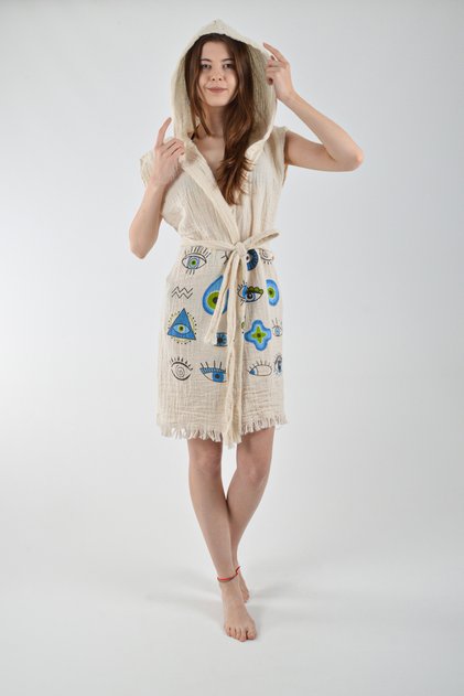 Hooded Vest Cotton Rabia Pattern Belted 1 Piece Unisex Muslin Fabric Multi-Purpose Bathrobe