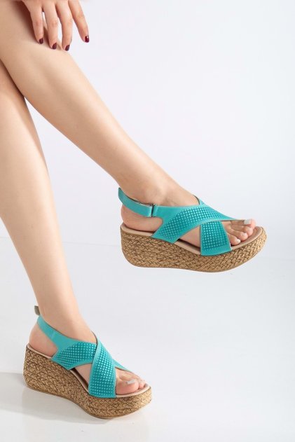 Women's Genuine Leather Cross-Strap Velcro Sandals - Turquoise