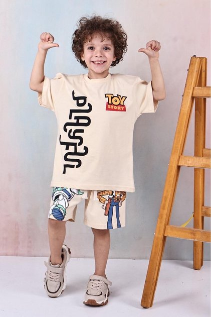 Boy's Cowboy and Astronaut Printed 100% Cotton T-Shirt Shorts 2 Piece Ecru Bottom Top Set
