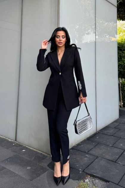 Women's Chic Two-Piece Set Stone Detail Blazer Jacket & Straight Leg Pants