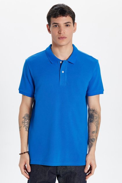 Men's Slim Fit Slim Fit 100% Cotton Cobalt Blue Polo Neck T-Shirt