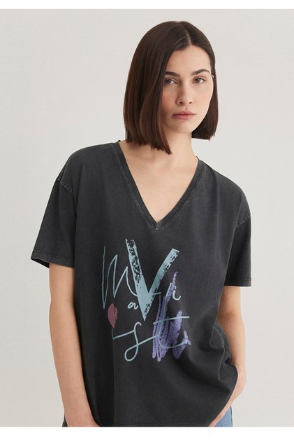 Printed Anthracite Loose Fit Istanbul T-Shirt