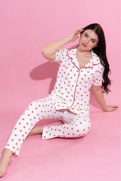 Heart Printed Shirt with Collar and Buttons, Loose Fit Pajama Set